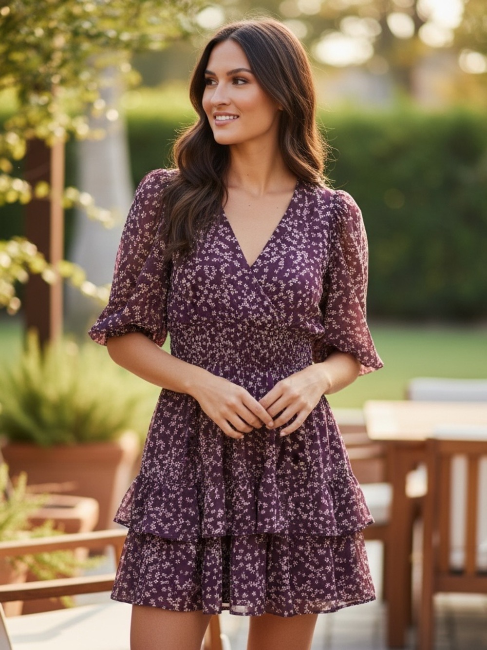 Taylor Women’s Floral Plum V-Neck Tiered Dress in Plum Size Medium